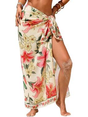 Women's  Pink Lily Swimsuit High Slit Summer Floral Print Chiffon Wrap Beach
